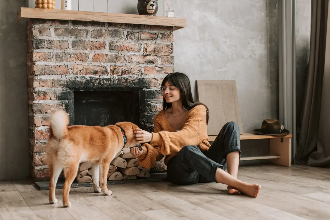 A young woman sitting by a brick fireplace at home, reaching out to her Shiba Inu